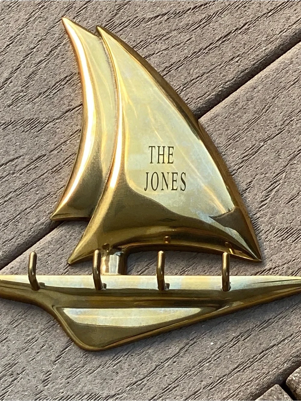 Vintage Polished Solid Brass Sailboat Key Hook Holder Engraved “The Jones”